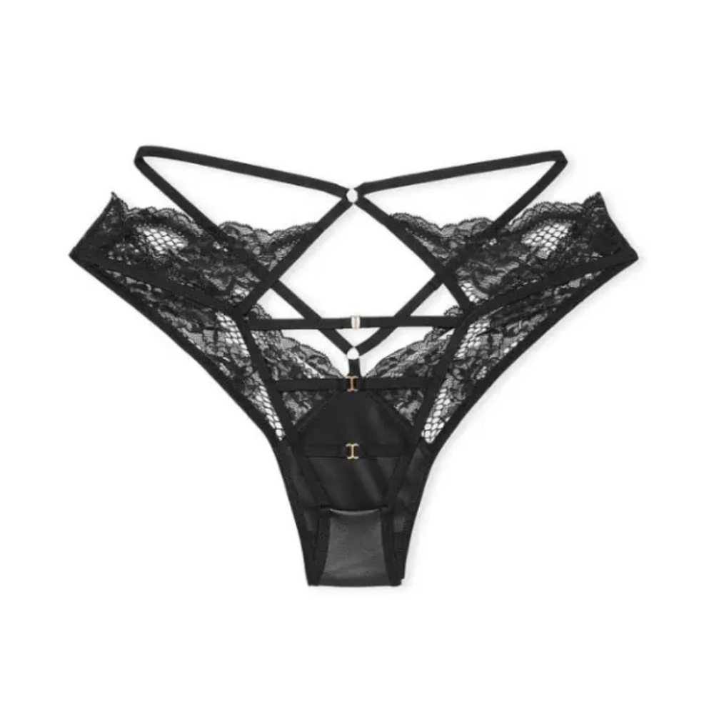 NWT Victoria’s Secret Black Fishnet Leather Open Back Brazilian Panty Size XS